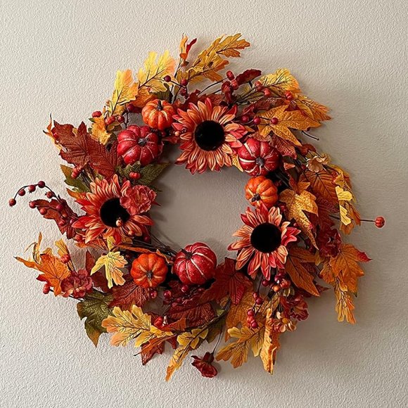 22 Inch Fall Wreaths with Pumpkin Maple Leaf Berry for Front Door